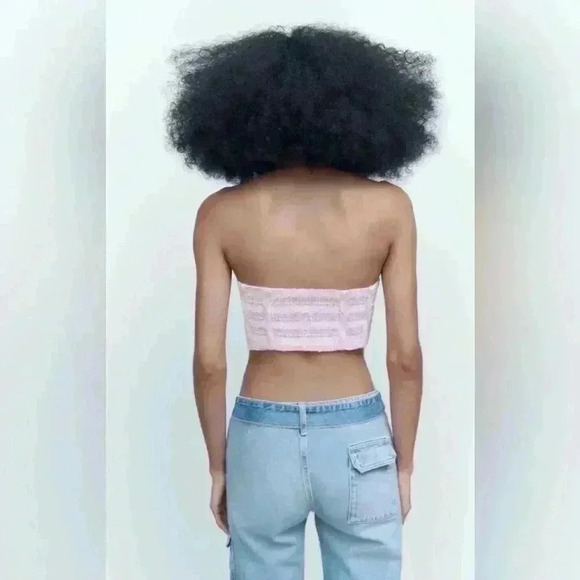 ✨🆕Zara🆕✨ | Purple, pink and white mini gingham checkered tweed tube top - Picture 3 of 12